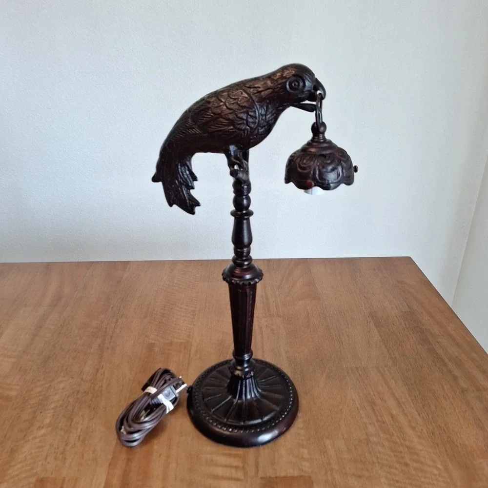 Vintage Art Deco Cast Iron Parrot W/ Lantern Lamp Working 18